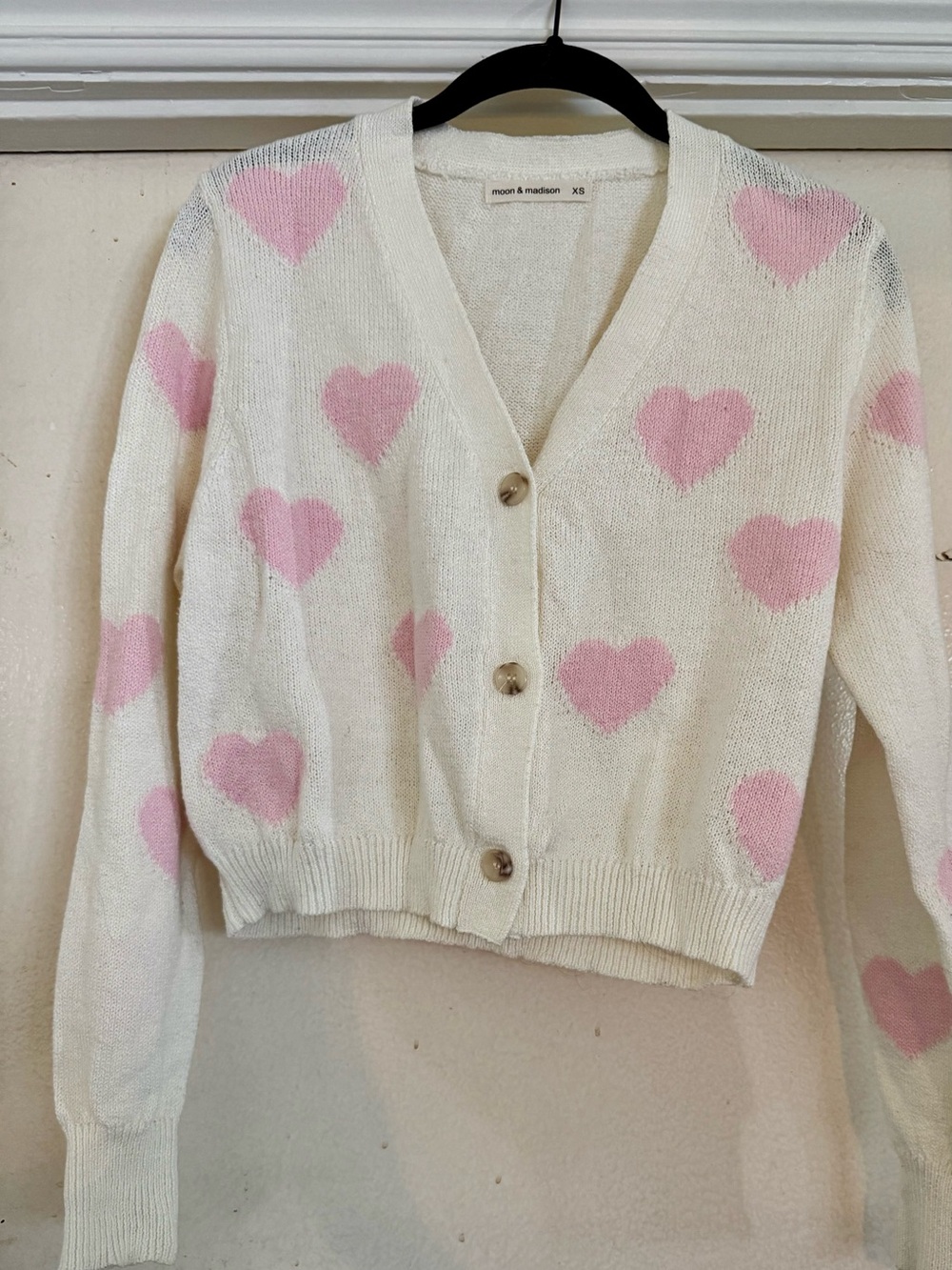 moon & madison Cream Cardigan with Pink Heart Motif